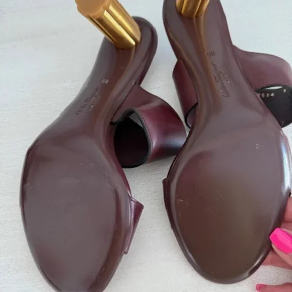 Salvatore Ferragamo Burgundy Sandals with Gold Heel - Picture 5 of 7